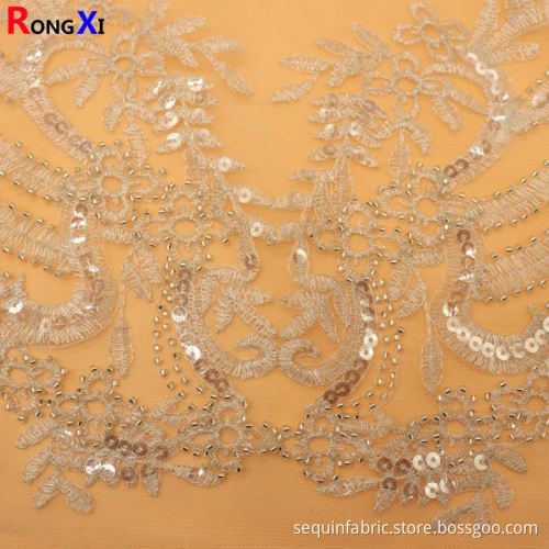 Professional Grid Pattern Beads White Embroidery Fabric